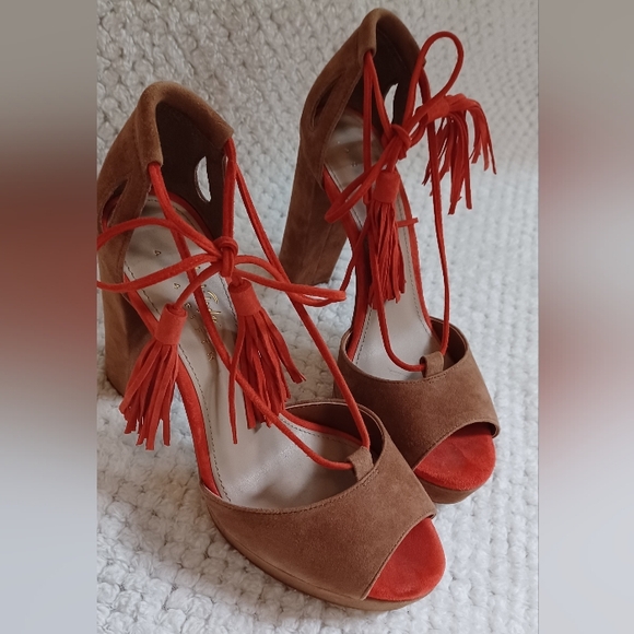 Lord & Taylor 424 Fifth suede platform high heel chunky women size 7 brown - Picture 3 of 9